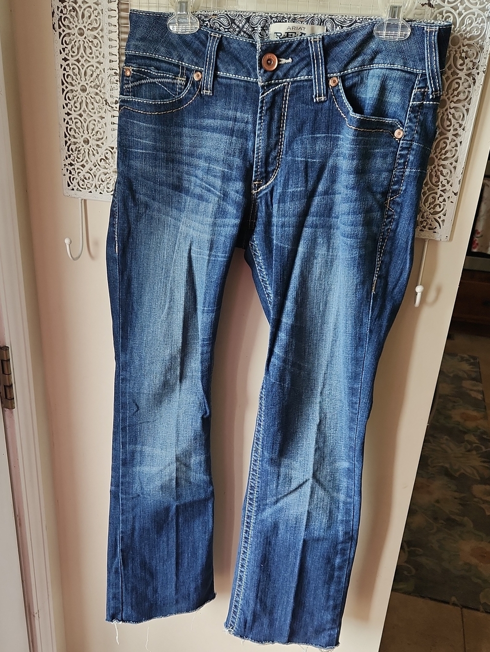 Ariat REAL Denim Womens 29R Dark Wash Mid Rise Flare Leg Jeans Raw Hem Western
